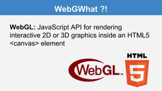WebGL: JavaScript API for rendering
interactive 2D or 3D graphics inside an HTML5
<canvas> element
WebGWhat ?!
 