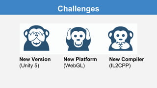 Challenges
New Version
(Unity 5)
New Platform
(WebGL)
New Compiler
(IL2CPP)
 