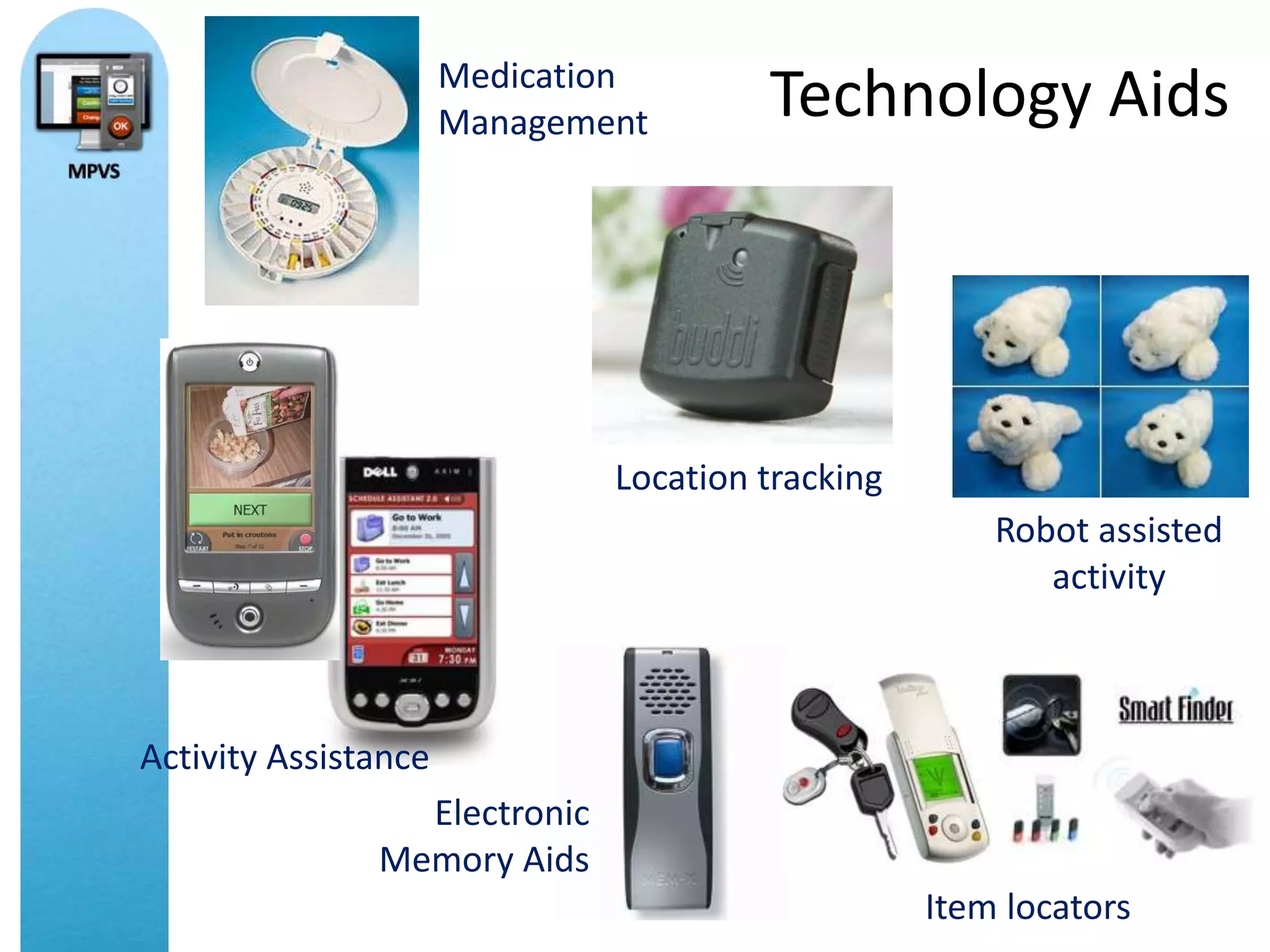 Medication
                      Management       Technology Aids




                              Location tracking
                                                      Robot assisted
                                                         activity



Activity Assistance
                 Electronic
               Memory Aids
                                                  Item locators
 
