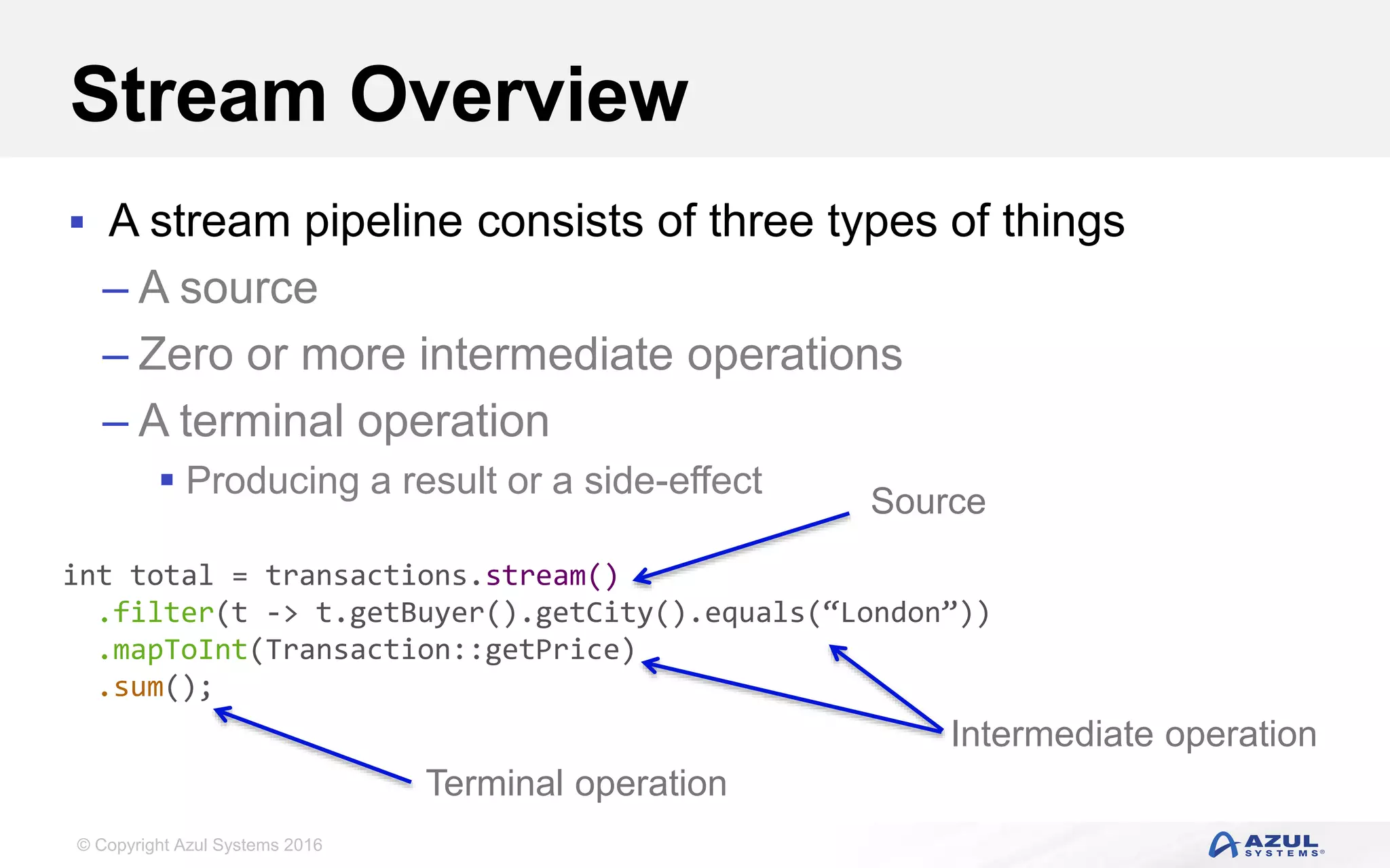 © Copyright Azul Systems 2016 Stream Overview  A stream pipeline consists of three types of things – A source – Zero or more intermediate operations – A terminal operation  Producing a result or a side-effect int total = transactions.stream() .filter(t -> t.getBuyer().getCity().equals(“London”)) .mapToInt(Transaction::getPrice) .sum(); Source Intermediate operation Terminal operation 