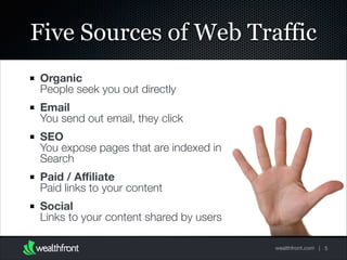 Five Sources of Web Traffic
Organic 
People seek you out directly
Email 
You send out email, they click
SEO 
You expose pages that are indexed in
Search
Paid / Aﬃliate 
Paid links to your content
Social 
Links to your content shared by users
wealthfront.com | 5

 