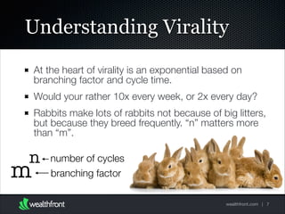 Understanding Virality
At the heart of virality is an exponential based on
branching factor and cycle time.
Would your rather 10x every week, or 2x every day?
Rabbits make lots of rabbits not because of big litters,
but because they breed frequently. “n” matters more
than “m”.

n

m

number of cycles
branching factor
wealthfront.com | 7

 