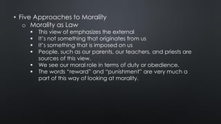 o Morality as Inner Conviction
▪ It emphasizes the value of conscience
▪ The Church in the Modern World(Vat.II) teaches th...