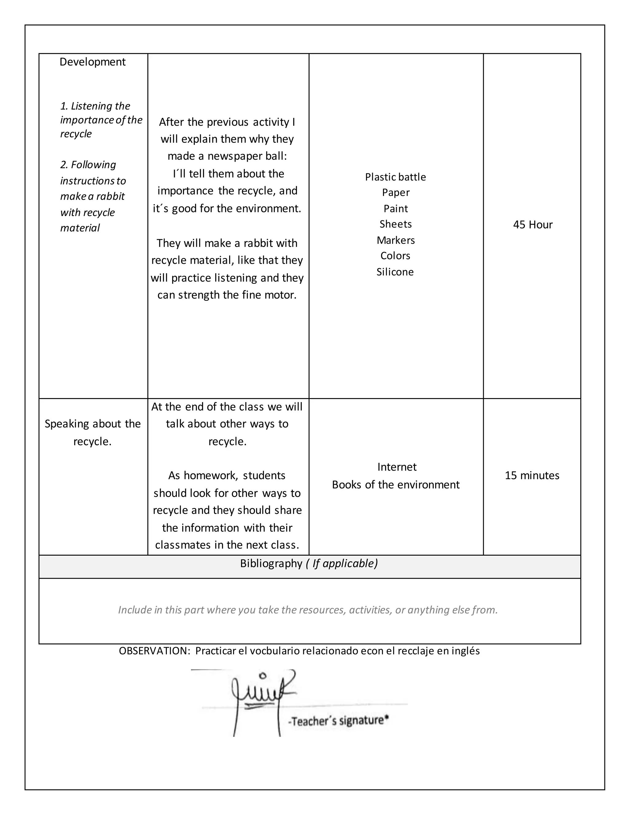 Development
1. Listening the
importanceof the
recycle
2. Following
instructionsto
makea rabbit
with recycle
material
After the previous activity I
will explain them why they
made a newspaper ball:
I´ll tell them about the
importance the recycle, and
it´s good for the environment.
They will make a rabbit with
recycle material, like that they
will practice listening and they
can strength the fine motor.
Plastic battle
Paper
Paint
Sheets
Markers
Colors
Silicone
45 Hour
Speaking about the
recycle.
At the end of the class we will
talk about other ways to
recycle.
As homework, students
should look for other ways to
recycle and they should share
the information with their
classmates in the next class.
Internet
Books of the environment
15 minutes
Bibliography ( If applicable)
Include in this part where you take the resources, activities, or anything else from.
OBSERVATION: Practicar el vocbulario relacionado econ el recclaje en inglés
 