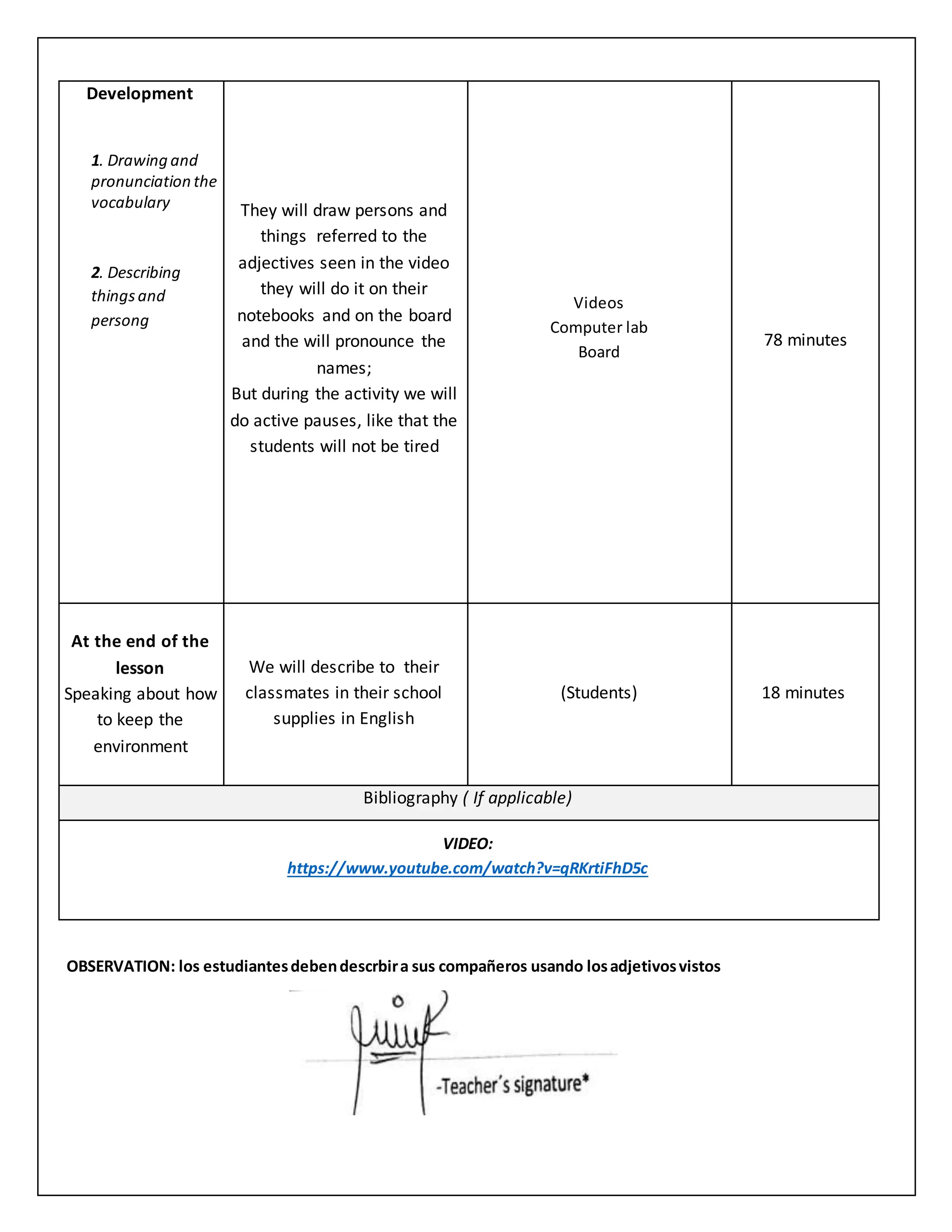 Development
1. Drawing and
pronunciation the
vocabulary
2. Describing
thingsand
persong
They will draw persons and
things referred to the
adjectives seen in the video
they will do it on their
notebooks and on the board
and the will pronounce the
names;
But during the activity we will
do active pauses, like that the
students will not be tired
Videos
Computer lab
Board
78 minutes
At the end of the
lesson
Speaking about how
to keep the
environment
We will describe to their
classmates in their school
supplies in English
(Students) 18 minutes
Bibliography ( If applicable)
VIDEO:
https://www.youtube.com/watch?v=qRKrtiFhD5c
OBSERVATION: los estudiantesdebendescrbira sus compañeros usando losadjetivosvistos
 