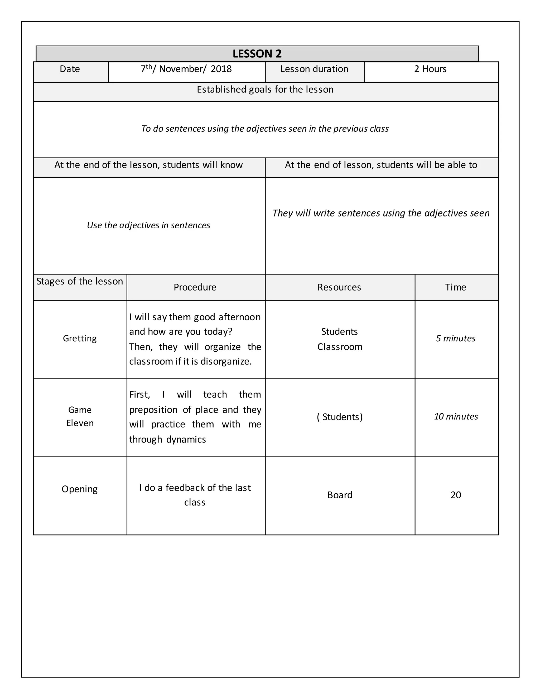 LESSON 2
Date 7th/ November/ 2018 Lesson duration 2 Hours
Established goals for the lesson
To do sentences using the adjectives seen in the previous class
At the end of the lesson, students will know At the end of lesson, students will be able to
Use the adjectives in sentences
They will write sentences using the adjectives seen
Stages of the lesson
Procedure Resources Time
Gretting
I will say them good afternoon
and how are you today?
Then, they will organize the
classroom if it is disorganize.
Students
Classroom
5 minutes
Game
Eleven
First, I will teach them
preposition of place and they
will practice them with me
through dynamics
( Students) 10 minutes
Opening I do a feedback of the last
class
Board 20
 
