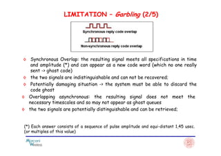 LIMITATION – Garbling (2/5)
◊ Synchronous Overlap: the resulting signal meets all specifications in time
and amplitude (*) and can appear as a new code word (which no one really
sent -> ghost code)
◊ the two signals are indistinguishable and can not be recovered;◊ the two signals are indistinguishable and can not be recovered;
◊ Potentially damaging situation -> the system must be able to discard the
code ghost
◊ Overlapping asynchronous: the resulting signal does not meet the
necessary timescales and so may not appear as ghost queues
◊ the two signals are potentially distinguishable and can be retrieved;
(*) Each answer consists of a sequence of pulse amplitude and equi-distant 1,45 usec.
(or multiples of this value)
 