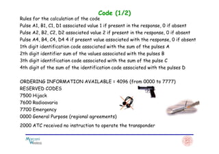 Code (1/2)
Rules for the calculation of the code
Pulse A1, B1, C1, D1 associated value 1 if present in the response, 0 if absent
Pulse A2, B2, C2, D2 associated value 2 if present in the response, 0 if absent
Pulse A4, B4, C4, D4 4 if present value associated with the response, 0 if absent
1th digit identification code associated with the sum of the pulses A
2th digit identifier sum of the values ​​associated with the pulses B
3th digit identification code associated with the sum of the pulse C
4th digit of the sum of the identification code associated with the pulses D
ORDERING INFORMATION AVAILABLE = 4096 (from 0000 to 7777)
RESERVED CODES
7500 Hijack
7600 Radioavaria
7700 Emergency
0000 General Purpose (regional agreements)
2000 ATC received no instruction to operate the transponder
 