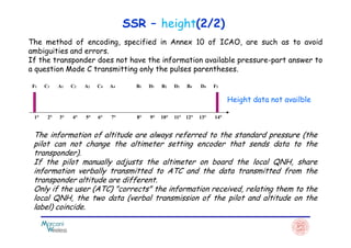 SSR – height(2/2)
The method of encoding, specified in Annex 10 of ICAO, are such as to avoid
ambiguities and errors.
If the transponder does not have the information available pressure-part answer to
a question Mode C transmitting only the pulses parentheses.
F1 C1 A1 C2 A2 C4 A4 B1 D1 B2 D2 B4 D4 F2
1° 2° 3° 4° 5° 6° 7° 8° 9° 10° 11° 12° 13° 14°
Height data not availble
The information of altitude are always referred to the standard pressure (the
pilot can not change the altimeter setting encoder that sends data to the
transponder).
If the pilot manually adjusts the altimeter on board the local QNH, share
information verbally transmitted to ATC and the data transmitted from the
transponder altitude are different.
Only if the user (ATC) "corrects" the information received, relating them to the
local QNH, the two data (verbal transmission of the pilot and altitude on the
label) coincide.
 