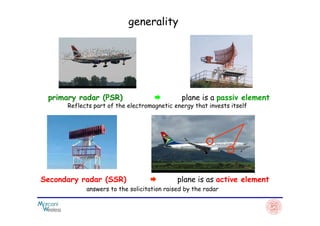 generality
primary radar (PSR) plane is a passiv element
Reflects part of the electromagnetic energy that invests itself
Secondary radar (SSR) plane is as active element
answers to the solicitation raised by the radar
 