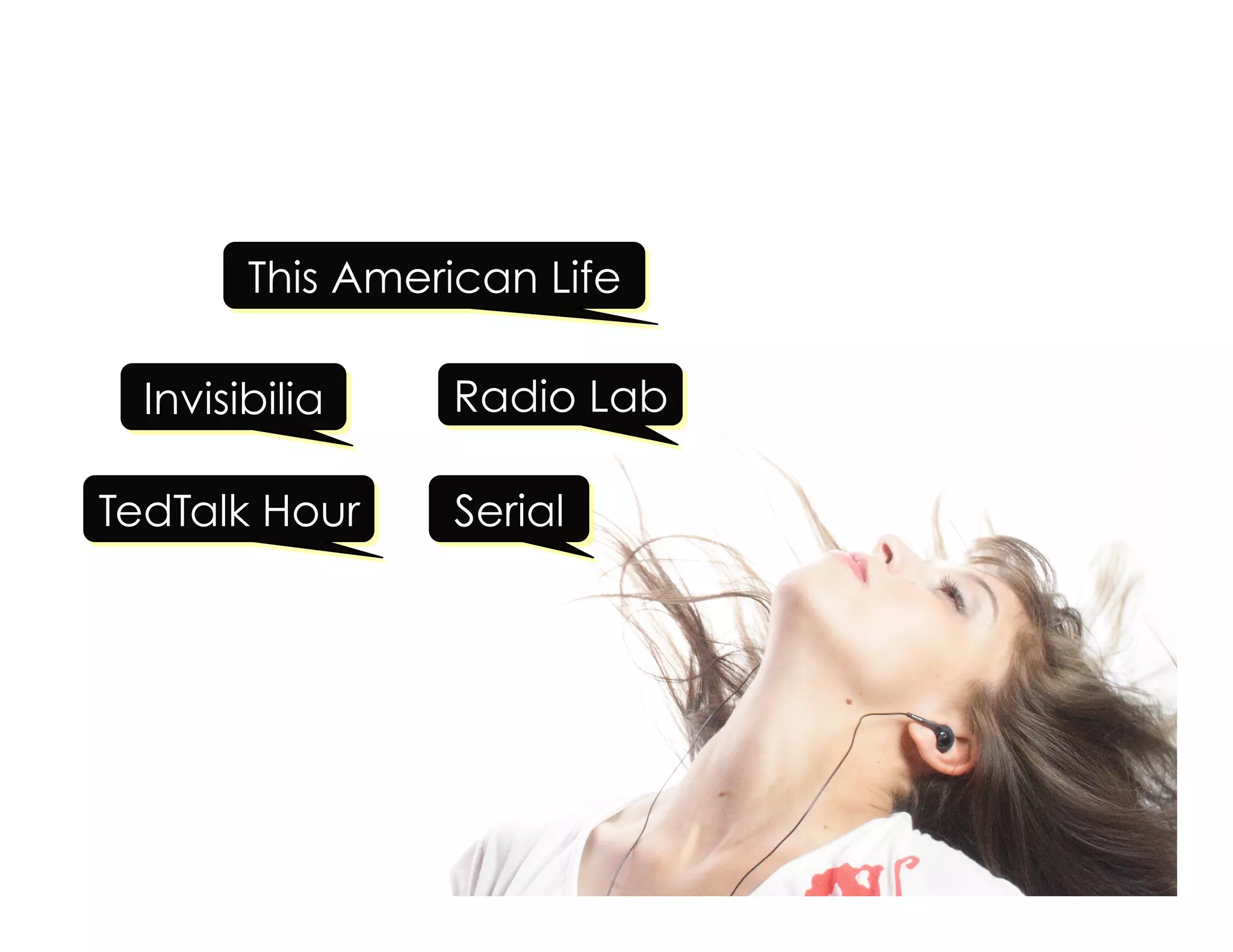 Serial
Radio LabInvisibilia
TedTalk Hour
This American Life
 