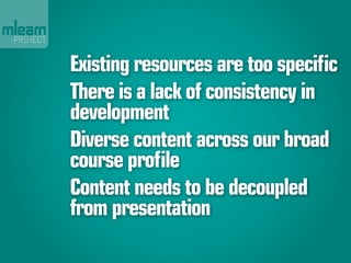 Existing resources are too specific
There is a lack of consistency in
development
Diverse content across our broad
course ...