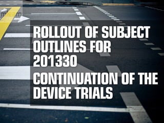 Rollout of Subject
Outlines for
201330
Continuation of the
device trials
 