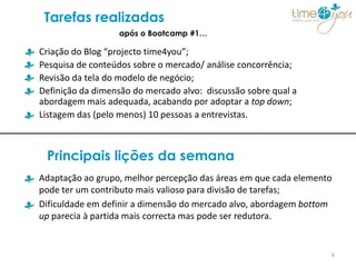 Tarefas realizadas
                  após o Bootcamp #1…

Criação do Blog “projecto time4you”;
Pesquisa de conteúdos sobre o mercado/ análise concorrência;
Revisão da tela do modelo de negócio;
Definição da dimensão do mercado alvo: discussão sobre qual a
abordagem mais adequada, acabando por adoptar a top down;
Listagem das (pelo menos) 10 pessoas a entrevistas.



 Principais lições da semana
Adaptação ao grupo, melhor percepção das áreas em que cada elemento
pode ter um contributo mais valioso para divisão de tarefas;
Dificuldade em definir a dimensão do mercado alvo, abordagem bottom
up parecia à partida mais correcta mas pode ser redutora.


                                                                  6
 