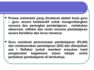  Proses sistematis yang dimaksud adalah kerja guru
– guru secara kolaboratif untuk mengembangkan
rencana dan perangkat pembelajaran , melakukan
observasi, refleksi dan revisi rencana pembelajaran
secara bersiklus dan terus menerus.
 Guru membuat perencanaan pembelajaran (PLAN)
dan melaksanakan pemalajaran (DO) dan dilanjutkan
see ( Refleksi )untuk memberi masukan hasil
pengamatan bagaimana siswa belajar untuk
perbaikan pembelajaran di berikutnya.
 