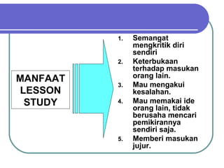 1. Semangat
mengkritik diri
sendiri
2. Keterbukaan
terhadap masukan
orang lain.
3. Mau mengakui
kesalahan.
4. Mau memakai ide
orang lain, tidak
berusaha mencari
pemikirannya
sendiri saja.
5. Memberi masukan
jujur.
MANFAAT
LESSON
STUDY
 
