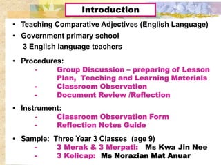 Introduction
• Teaching Comparative Adjectives (English Language)
• Government primary school
  3 English language teachers
• Procedures:
     -     Group Discussion – preparing of Lesson
           Plan, Teaching and Learning Materials
     -     Classroom Observation
     -     Document Review /Reflection
• Instrument:
      -    Classroom Observation Form
      -    Reflection Notes Guide
• Sample: Three Year 3 Classes (age 9)
     -     3 Merak & 3 Merpati: Ms Kwa Jin Nee
     -     3 Kelicap: Ms Norazian Mat Anuar
 