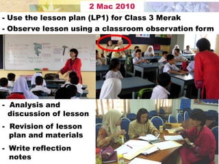 2 Mac 2010
- Use the lesson plan (LP1) for Class 3 Merak
- Observe lesson using a classroom observation form




- Analysis and
  discussion of lesson
- Revision of lesson
  plan and materials
- Write reflection
  notes
 