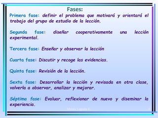 Moises Logroño G. 4
Fases:
Primera fase: definir el problema que motivará y orientará el
trabajo del grupo de estudio de la lección.
Segunda fase: diseñar cooperativamente una lección
experimental.
Tercera fase: Enseñar y observar la lección
Cuarta fase: Discutir y recoge las evidencias.
Quinta fase: Revisión de la lección.
Sexta fase: Desarrollar la lección y revisada en otra clase,
volverla a observar, analizar y mejorar.
Séptima fase: Evaluar, reflexionar de nuevo y diseminar la
experiencia.
 