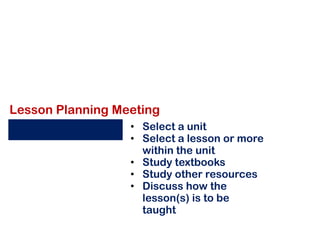 Lesson Planning Meeting
                  • Select a unit
                  • Select a lesson or more
                    within the unit
                  • Study textbooks
                  • Study other resources
                  • Discuss how the
                    lesson(s) is to be
                    taught
 