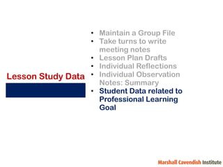 • Maintain a Group File
                  • Take turns to write
                    meeting notes
                  • Lesson Plan Drafts
                  • Individual Reflections
Lesson Study Data • Individual Observation
                    Notes: Summary
                  • Student Data related to
                    Professional Learning
                    Goal
 