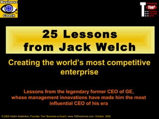 25 Lessons 
from Jack Welch 
Creating the world’s most competitive 
enterprise 
Lessons from the legendary former CEO of GE, 
whose management innovations have made him the most 
influential CEO of his era 
© 2005 Vadim Kotelnikov, Founder, Ten3 Business e-Coach, www.1000ventures.com. October 2005 
 