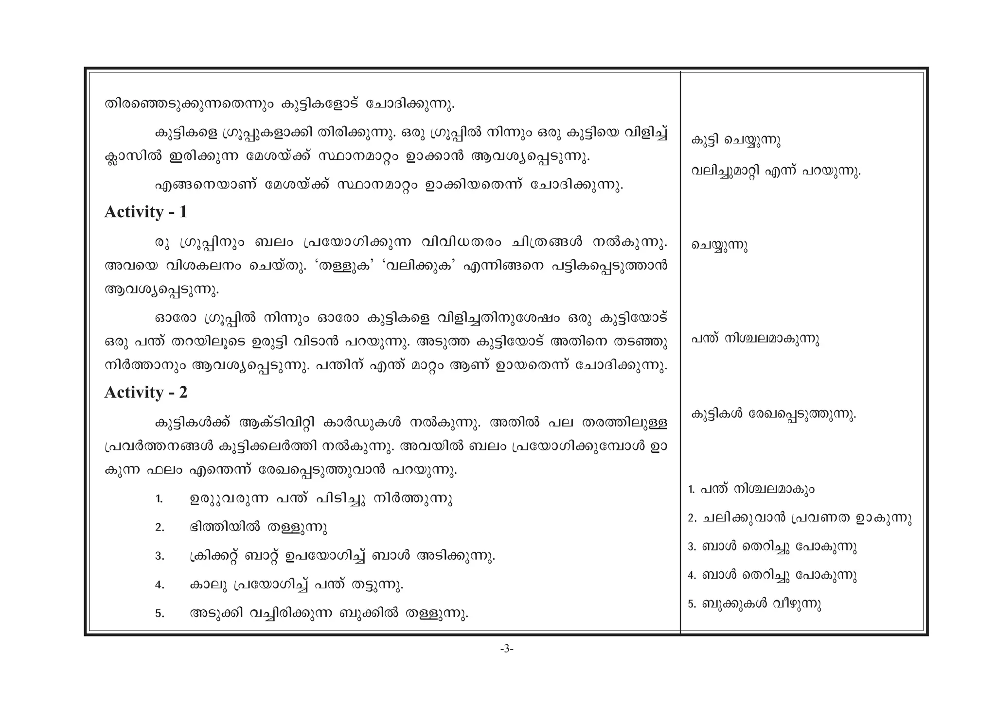 -3-
Xnc-sª-Sp-¡p-¶-sX¶pw Ip«n-I-tfmSv tNmZn-¡p-¶p.
Ip«n-Isf {Kq¸p-I-fm¡n Xncn-¡p-¶p. Hcp {Kq¸nÂ n¶pw Hcp Ip«nsb hnfn¨v
¢mknÂ Ccn-¡p¶ taibv¡v Ømamäw D-m-¡m³ Bh-iy-s¸-Sp¶p.
F§-s-bmWv taibv¡v Øm-amäw D-m-¡n-b-sX¶v tNmZn-¡p-¶p.
Activity - 1
c-p {Kq¸npw _ew {]tbm-Kn-¡p¶ hnhn-[-Xcw Nn{X-§Ä ÂIp-¶p.
Ahsb hni-I-ew sNbvXp. "XÅpI' "hen-¡pI' F¶n-§s ]«n-I-s¸-Sp-¯m³
Bh-iy-s¸-Sp-¶p.
Hmtcm {Kq¸nÂ n¶pw Hmtcm Ip«n-Isf hnfn-¨-Xn-p-tijw Hcp Ip«n-tbmSv
Hcp ]´v Xd-bn-eqsS Dcp«n hnSm³ ]d-bp-¶p. ASp¯ Ip«n-tbmSv AXns XSªp
nÀ¯mpw Bh-iy-s¸-Sp-¶p. ]´nv F´v amäw BWv D-m-b-sX¶v tNmZn-¡p-¶p.
Activity - 2
Ip«n-IÄ¡v BIvSn-hnän ImÀUp-IÄ ÂIp-¶p. AXnÂ ]e Xc-¯n-epÅ
{]hÀ¯--§Ä Iq«n-¡-eÀ¯n ÂIp-¶p. Ah-bnÂ _ew {]tbm-Kn-¡p-t¼mÄ D-m-
Ip¶ ^ew Fs´¶v tcJ-s¸-Sp-¯p-hm³ ]d-bp-¶p.
1. Dcp-ph-cp¶ ]´v ]nSn¨p nÀ¯p¶p
2. `n¯n-bnÂ XÅp¶p
3. {In¡äv _mäv D]-tbm-Kn¨v _mÄ ASn-¡p-¶p.
4. Imep {]tbm-Kn¨v ]´v X«p-¶p.
5. ASp¡n h¨n-cn-¡p¶ _p¡nÂ XÅp-¶p.
Ip«n sN¿p¶p
hen-¨p-amän F¶v ]d-bp-¶p.
sN¿p¶p
Ip«n-IÄ tcJ-s¸-Sp-¯p-¶p.
1. ]´v nÝ-e-amIpw
2. Nen-¡p-hm³ {]h-WX D-m-Ip¶p
3. _mÄ sXdn¨p t]mIp¶p
4. _mÄ sXdn¨p t]mIp¶p
5. _p¡p-IÄ hogp¶p
]´v nÝ-e-am-Ip¶p
 