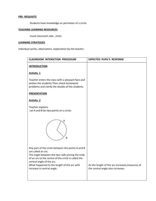 PRE- REQUISITE
Students have knowledge on perimeter of a circle.
TEACHING LEARNING RESOURCES
Usual classroom aids , chart.
LEARNING STRATEGIES
Individual works, observation, explanation by the teacher.
CLASSROOM INTERSCTION PROCEDURE
INTRODUCTION
Activity 1
Teacher enters the class with a pleasant face and
wishes the students.Then check homework
problems and clarify the doubts of the students.
PRESENTATION
Activity 2
Teacher explains
Let A and B be two points on a circle.
A
B
Any part of the circle between the points A and B
are called an arc.
The angle between the two radii joining the ends
of an arc to the centre of the circle is called the
central angle of the arc.
What happened to the length of the arc with
increase in central angle.
EXPECTED PUPIL’S RESPONSE
As the length of the arc increases,measures of
the central angle also increases.
 