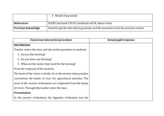  Model of pyramids
References SCERT text book STD IX, handbook std IX, labour India
Previous knowledge Students got the idea about pyramids and the mummies from the previous classes
Classroom interaction procedure Actual pupil response
Introduction
Teacher enters the class and ask certain questions to students.
1. Do you like farming?
2. Do you have any farming?
3. What are the factors that need for the farming?
From the response of the students
The bank of the rivers is fertile. So in the ancient times peoples
concentrate the banks of river for agricultural activities. The
most of the ancient civilizations are originated from the banks
of rivers. Through this teacher enter the topic.
Presentation
In the ancient civilizations the Egyptian civilization was the
 