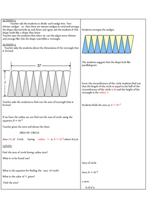 ACTIVITY-2 
Teacher ask the students to divide each wedge into four 
thinner wedges so that there are sixteen wedges in total and arrange 
the shape alternatively up and down and again ask the students if this 
shape looks like a shape they know 
Teacher says the students that when we cut the edges more thinner 
and arrange like this the shape resembles a rectangle. 
ACTIVITY-3 
Teacher asks the students about the dimensions of the rectangle that 
is formed. 
Teacher asks the students to find out the area of rectangle that is 
formed. 
If we have the radius we can find out the area of circle using the 
equation 퐴 = 휋푟2 
Teacher gives the note and shows the chart. 
AREA OF CIRCLE 
Area (A) of Circle having radius ‘r’ is 퐴 = 휋푟2,where π=3.14 
Application 
Find the area of circle having radius 4cm? 
What is to be found out? 
What is the equation for finding the area of circle? 
What is the value of ‘r’ given? 
Find the area? 
Students arranges the wedges 
The students suggest that the shape look like 
parallelogram 
From the circumference of the circle students find out 
that the length of the circle is equal to the half of the 
circumference of the circle ie,πr and the height of the 
rectangle is the radius ‘r’. 
Students finds the area as 퐴 = 휋푟2 
Area of circle 
Area 퐴 = 휋푟2 
r=4cm 
A=π*4*4 
 