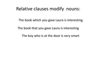 Relative clauses modify nouns:

 The book which you gave Laura is interesting.

The book that you gave Laura is interesting

   The boy who is at the door is very smart
 
