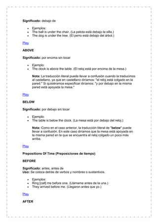 Significado: debajo de

       Ejemplos:
       The ball is under the chair. (La pelota está debajo la silla.)
       The dog is under the tree. (El perro está debajo del árbol.)

Play

ABOVE

Significado: por encima sin tocar

       Ejemplo:
       The clock is above the table. (El reloj está por encima de la mesa.)

       Nota: La traducción literal puede llevar a confusión cuando la traducimos
       al castellano, ya que en castellano diríamos: "el reloj está colgado en la
       pared." Si quisiéramos especificar diríamos: "y por debajo en la misma
       pared está apoyada la mesa."

Play

BELOW

Significado: por debajo sin tocar

       Ejemplo:
       The table is below the clock. (La mesa está por debajo del reloj.)

       Nota: Como en el caso anterior, la traducción literal de "below" puede
       llevar a confusión. En este caso diríamos que la mesa está apoyada en
       la misma pared en la que se encuentra el reloj colgado un poco más
       arriba.

Play

Prepositions Of Time (Preposiciones de tiempo)

BEFORE

Significado: antes, antes de
Uso: Se coloca detrás de verbos y nombres o sustantivos.

       Ejemplos:
       Ring [call] me before one. (Llámame antes de la una.)
       They arrived before me. (Llegaron antes que yo.)

Play

AFTER
 