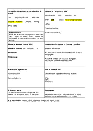 Strategies for Differentiation (highlight if        Resources (highlight if used)
used)
                                                    Photocopying      texts      flashcards   TV
Task      Response/recording      Resources
                                                    DVD      ICT          screen PowerPoint presentation
Support     Outcome    Grouping      Pairing
                                                    Other:
Other (state)
                                                    Storyboard outline.

 Differentiation:                                   Presentation (Teacher)
 Pupils will be working through this at their own
 pace. Pupils of higher ability should be
 encouraged to make improvements on the basic
 project.

Literacy/Numeracy/other Links                       Assessment Strategies to Enhance Learning

Literacy: reading: 2.2 a, d writing: 2.3, a         Question and answer.

Numeracy:                                           Q1 How can we import images and sounds to use in
                                                    the project?
Citizenship:
                                                    Q2 Which controls can we use to change the
                                                    background on which the ball bounces.




Classroom Organisation                              Use of Support Staff

Whole discussion                                    Allocated staff support the following students:

Pair (ability) work                                 EAL:
                                                    SEN:
                                                    Behaviour:




Extension Work                                      Homework
To evaluate how different backgrounds and
images can change the impact of the project.        Experiment with ‘Scratch’ at home and try to import
                                                    different images and sounds into your project.

Key Vocabulary: Controls, Sprite, Sequence, background, import, audio.
 