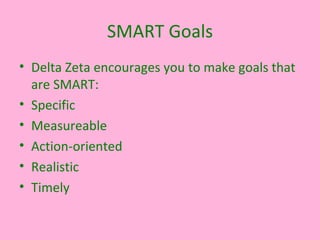 SMART Goals Delta Zeta encourages you to make goals that are SMART: Specific Measureable Action-oriented Realistic Timely 