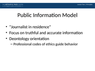 Lesson Two | Principles
Public Information Model
• “Journalist in residence”
• Focus on truthful and accurate information
• Deontology orientation
– Professional codes of ethics guide behavior
 