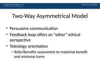 Lesson Two | Principles
Two-Way Asymmetrical Model
• Persuasive communication
• Feedback loop offers an “other” ethical
perspective
• Teleology orientation
– Risks/Benefits assessment to maximize benefit
and minimize harm
 