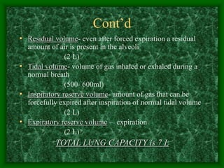 Cont’d
• Residual volume- even after forced expiration a residual
amount of air is present in the alveoli
(2 L)
• Tidal volume- volume of gas inhaled or exhaled during a
normal breath
(500- 600ml)
• Inspiratory reserve volume- amount of gas that can be
forcefully expired after inspiration of normal tidal volume
(2 L)
• Expiratory reserve volume – expiration
(2 L)
TOTAL LUNG CAPACITY is 7 L
 