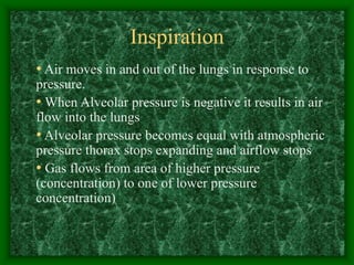 Inspiration
• Air moves in and out of the lungs in response to
pressure.
• When Alveolar pressure is negative it results in air
flow into the lungs
• Alveolar pressure becomes equal with atmospheric
pressure thorax stops expanding and airflow stops
• Gas flows from area of higher pressure
(concentration) to one of lower pressure
concentration)
 
