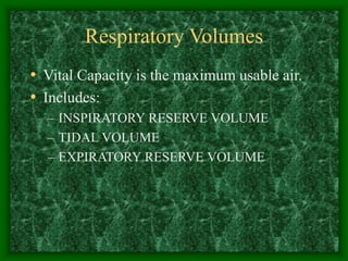 Respiratory Volumes
• Vital Capacity is the maximum usable air.
• Includes:
– INSPIRATORY RESERVE VOLUME
– TIDAL VOLUME
– EXPIRATORY RESERVE VOLUME
 
