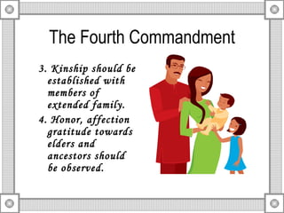 The Fourth Commandment 3. Kinship should be established with members of extended family.  4. Honor, affection gratitude towards elders and ancestors should be observed. 