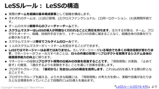 Copyright© Kanataku,LLC Takao Kimura.
LeSSルール︓ LeSSの構造
n 実際のチームを組織の基本構成要素として組織を構成します。
n それぞれのチームは、(1)⾃⼰管理、(2)クロスファンクショナル、(...