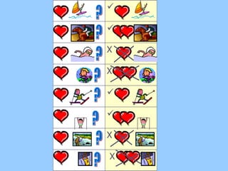 B A Tu aimes faire de la planche  à voile?? Tu aimes faire de l’equitation? Oui, j’aime faire de la planche  à voile. Oui, j’adore faire de l’ équitation. Non, je n’aime pas faire de la natation. Non, je d éteste faire du cyclisme. Oui, j’aime faire du ski. Tu aimes faire de la natation ? Tu aimes faire du ski ? Tu aimes faire du cyclisme? ? ? ? ? ? ? ? ? Tu aimes faire de l’athletisme? Tu aimes faire de la peche? Tu aimes jouer au volley? Oui, j’adore faire de la gymnastique. Non, je n’aime pas faire de la p êche. Non, je d éteste jouer au volley. X X   X X     