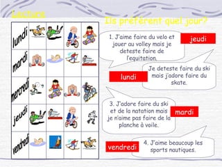 Lecture lundi mardi mercredi jeudi vendredi 1. J’aime faire du velo et jouer au volley mais je deteste faire de l’equitation. Je deteste faire du ski mais j’adore faire du skate. 3. J’adore faire du ski et de la natation mais je n’aime pas faire de la planche à voile. 4. J’aime beaucoup les sports nautiques. Ils préférent quel jour? jeudi lundi mardi vendredi 