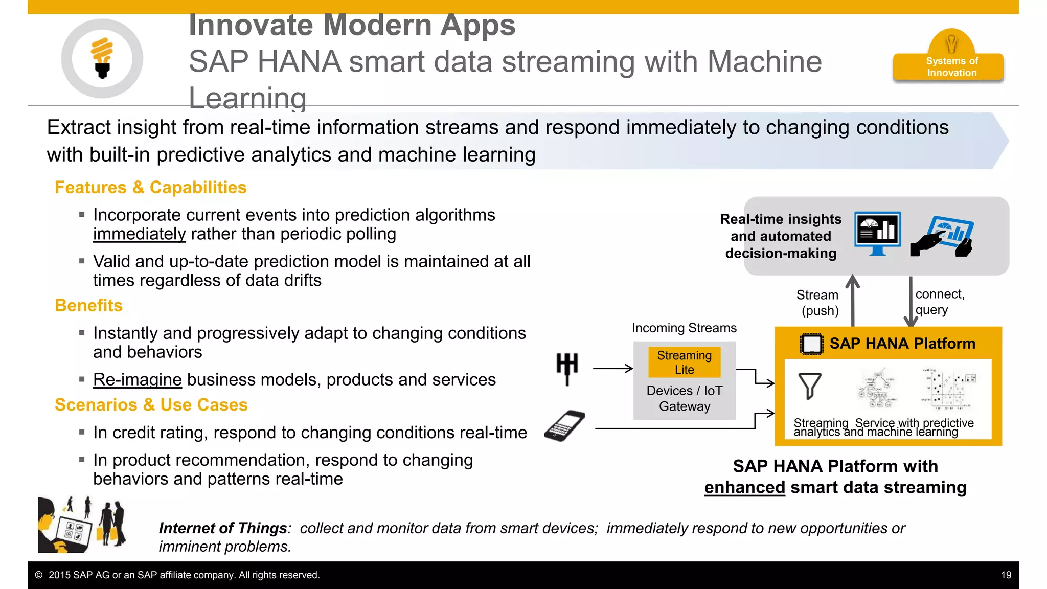 © 2015 SAP AG or an SAP affiliate company. All rights reserved. 19
Innovate Modern Apps
SAP HANA smart data streaming with Machine
Learning
Stream
(push)
connect,
query
SAP HANA Platform with
enhanced smart data streaming
Internet of Things: collect and monitor data from smart devices; immediately respond to new opportunities or
imminent problems.
Extract insight from real-time information streams and respond immediately to changing conditions
with built-in predictive analytics and machine learning
Incoming Streams
SAP HANA Platform
Streaming Service with predictive
analytics and machine learning
Devices / IoT
Gateway
Streaming
Lite
Features & Capabilities
 Incorporate current events into prediction algorithms
immediately rather than periodic polling
 Valid and up-to-date prediction model is maintained at all
times regardless of data drifts
Benefits
 Instantly and progressively adapt to changing conditions
and behaviors
 Re-imagine business models, products and services
Scenarios & Use Cases
 In credit rating, respond to changing conditions real-time
 In product recommendation, respond to changing
behaviors and patterns real-time
Real-time insights
and automated
decision-making
Systems of
Innovation
 