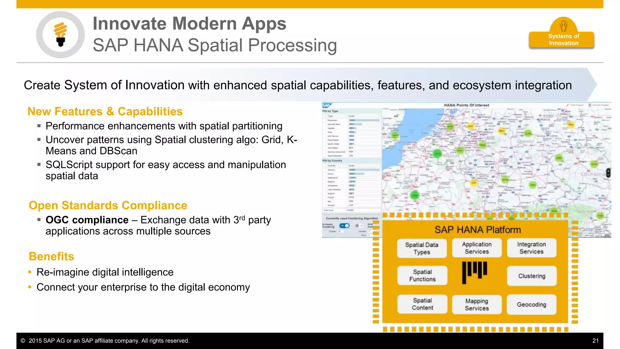 © 2015 SAP AG or an SAP affiliate company. All rights reserved. 21
New Features & Capabilities
 Performance enhancements with spatial partitioning
 Uncover patterns using Spatial clustering algo: Grid, K-
Means and DBScan
 SQLScript support for easy access and manipulation
spatial data
Open Standards Compliance
 OGC compliance – Exchange data with 3rd party
applications across multiple sources
Benefits
 Re-imagine digital intelligence
 Connect your enterprise to the digital economy
Innovate Modern Apps
SAP HANA Spatial Processing
Create System of Innovation with enhanced spatial capabilities, features, and ecosystem integration
Systems of
Innovation
 