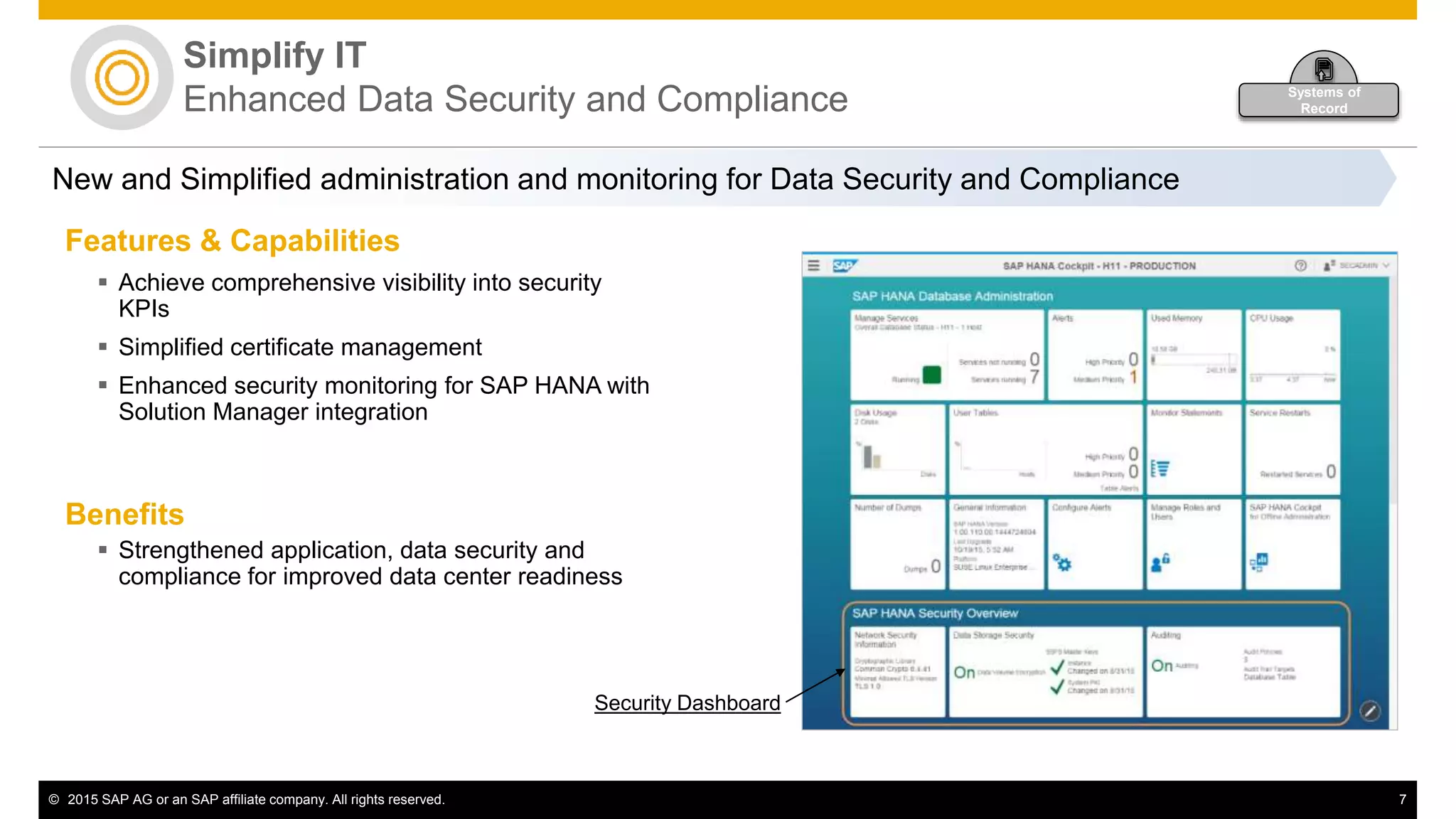 © 2015 SAP AG or an SAP affiliate company. All rights reserved. 7
Simplify IT
Enhanced Data Security and Compliance
New and Simplified administration and monitoring for Data Security and Compliance
Features & Capabilities
 Achieve comprehensive visibility into security
KPIs
 Simplified certificate management
 Enhanced security monitoring for SAP HANA with
Solution Manager integration
Benefits
 Strengthened application, data security and
compliance for improved data center readiness
Security Dashboard
Systems of
Record
 