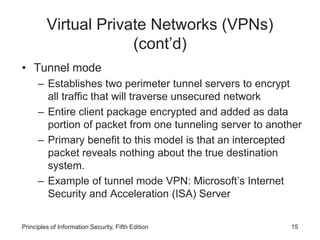 Virtual Private Networks (VPNs)
(cont’d)
• Tunnel mode
– Establishes two perimeter tunnel servers to encrypt
all traffic that will traverse unsecured network
– Entire client package encrypted and added as data
portion of packet from one tunneling server to another
– Primary benefit to this model is that an intercepted
packet reveals nothing about the true destination
system.
– Example of tunnel mode VPN: Microsoft’s Internet
Security and Acceleration (ISA) Server
Principles of Information Security, Fifth Edition 15
 