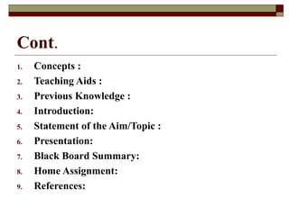 Cont.
1. Concepts :
2. Teaching Aids :
3. Previous Knowledge :
4. Introduction:
5. Statement of the Aim/Topic :
6. Presentation:
7. Black Board Summary:
8. Home Assignment:
9. References:
 