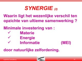 Waarin ligt het wezenlijke verschil ten opzichte van ultieme samenwerking ? Minimale investering van : Materie Energie Informatie (MEI) door natuurlijke zelfordening. SYNERGIE  (2) 