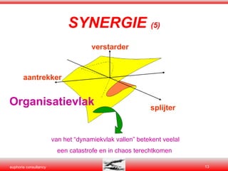 SYNERGIE  (5) splijter verstarder aantrekker van het “dynamiekvlak vallen” betekent veelal een catastrofe en in chaos terechtkomen   Organisatievlak 
